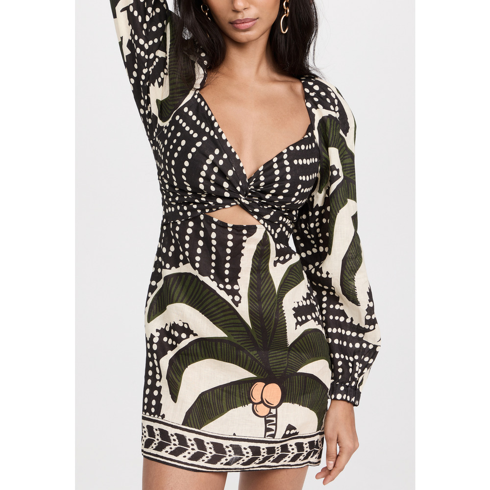 Johanna Ortiz 'Atardecer' Black Linen Tropical Mini Dress Size 6